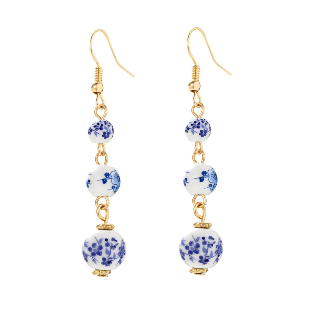 Blue and white porcelain ceramic bead long retro earrings with alloy construction and geometric design