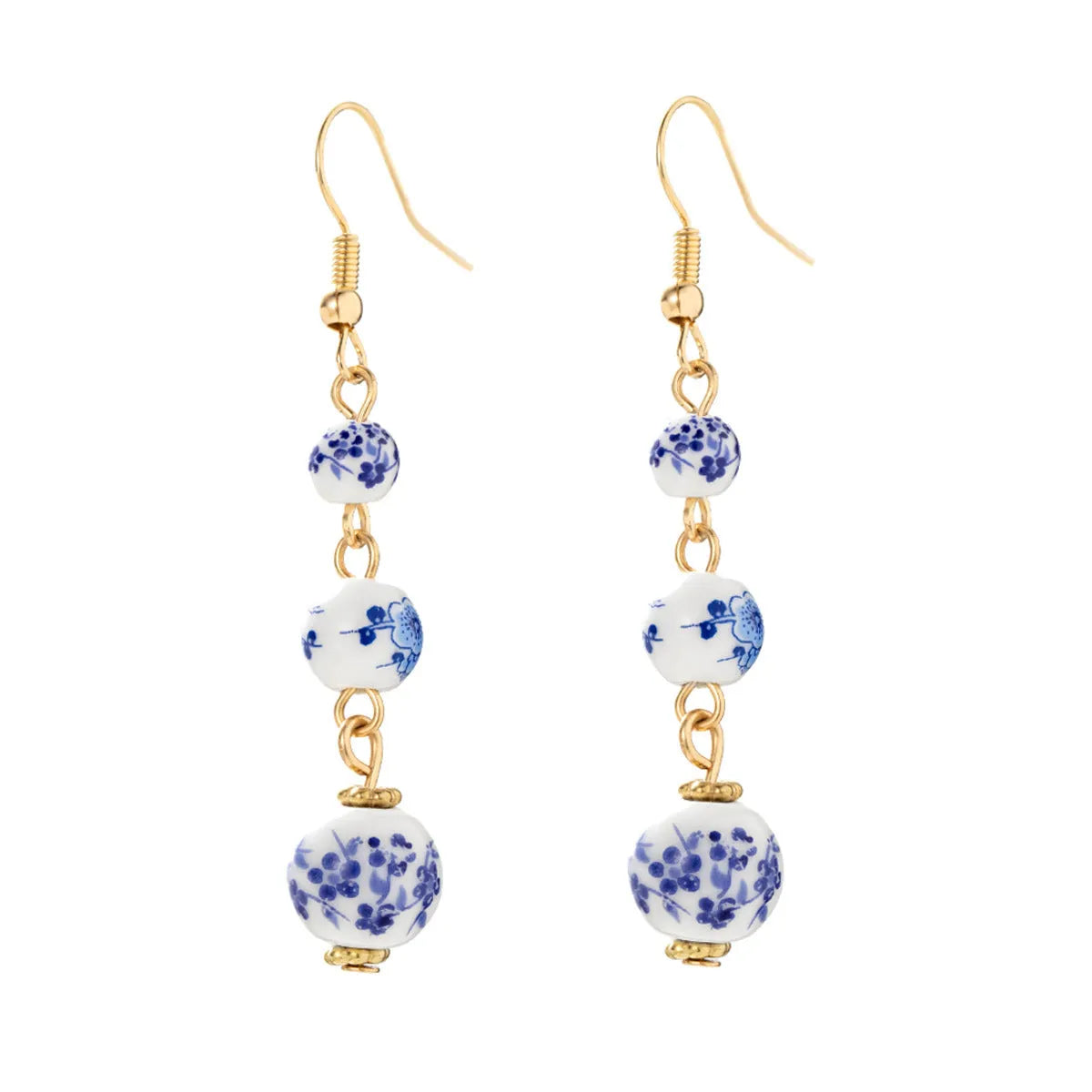 Blue and white porcelain ceramic bead long retro earrings with alloy construction and geometric design