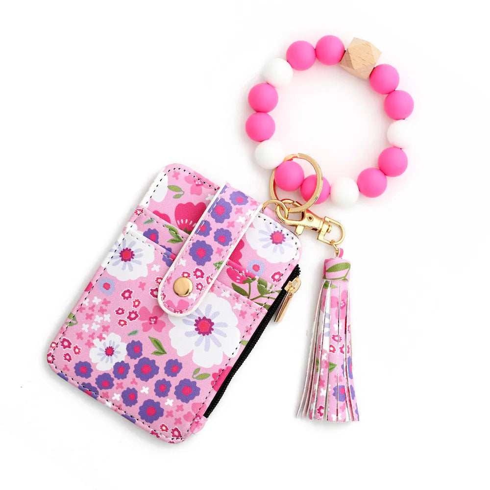 Women's floral print leather card bag in light pink, slim design, nine colour options