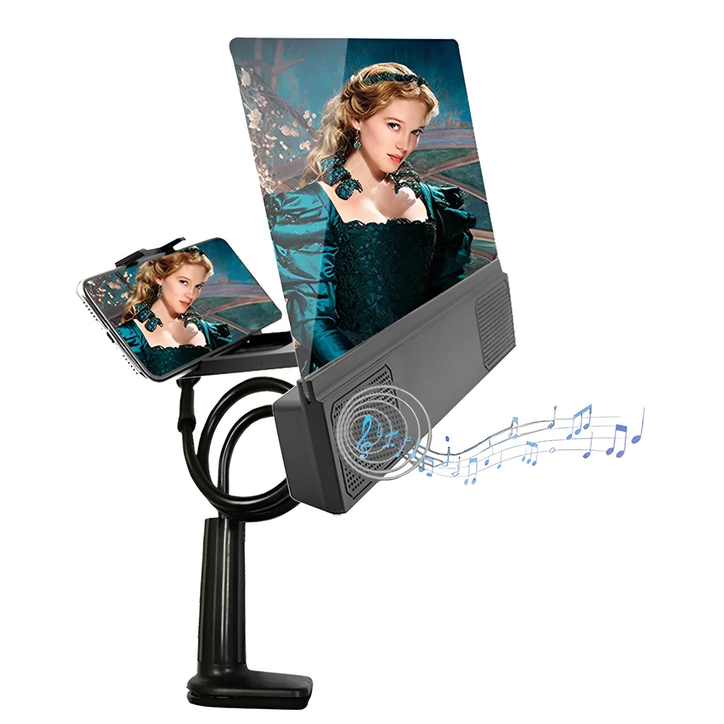 12-inch foldable mobile phone screen amplifier with speaker on a flexible gooseneck stand.