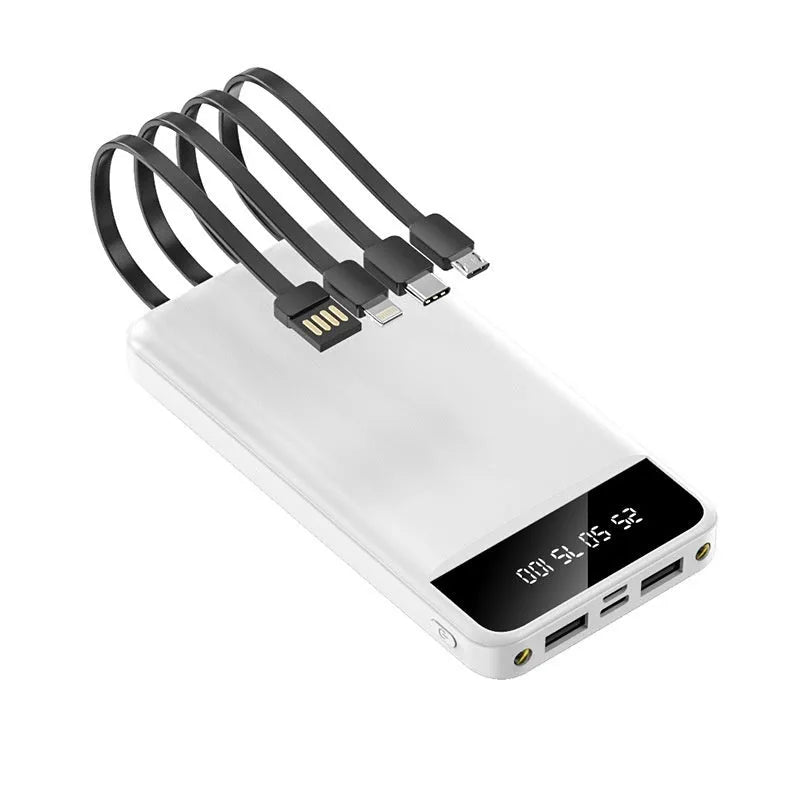 20000 mAh power bank in black, white, or red colours showing compact size and optional cable