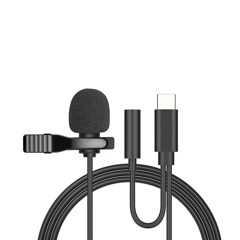 Lavalier clip microphone with in-ear monitors and multiple connector options including 3.5mm and Type-C