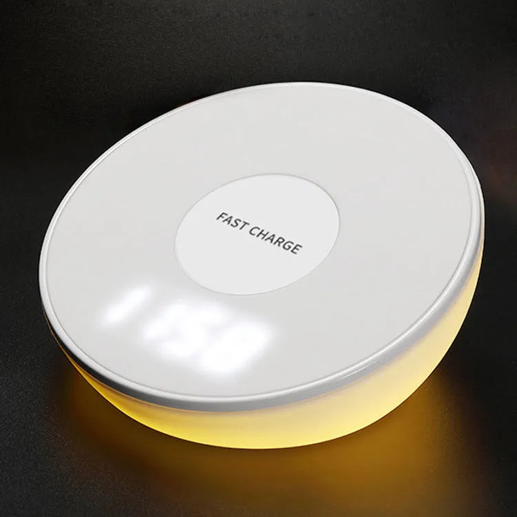 White wireless phone charger with digital clock display and control buttons