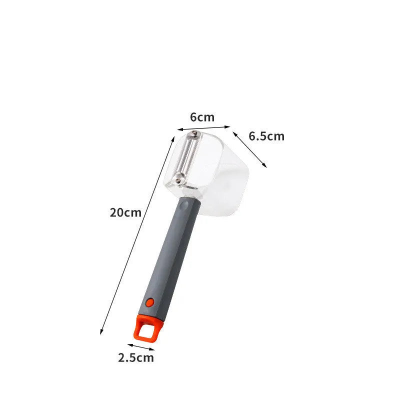 Stainless steel blade peeler with coloured plastic handle in green, grey, or red.