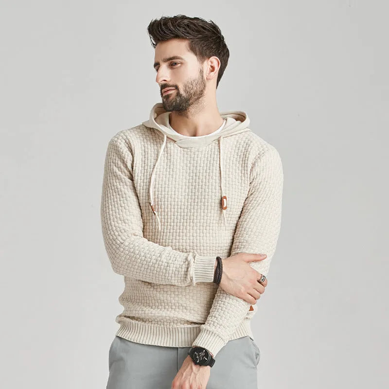 Men's cotton brocade hoodie long-sleeve pullover loose fit casual sweatshirt black front view