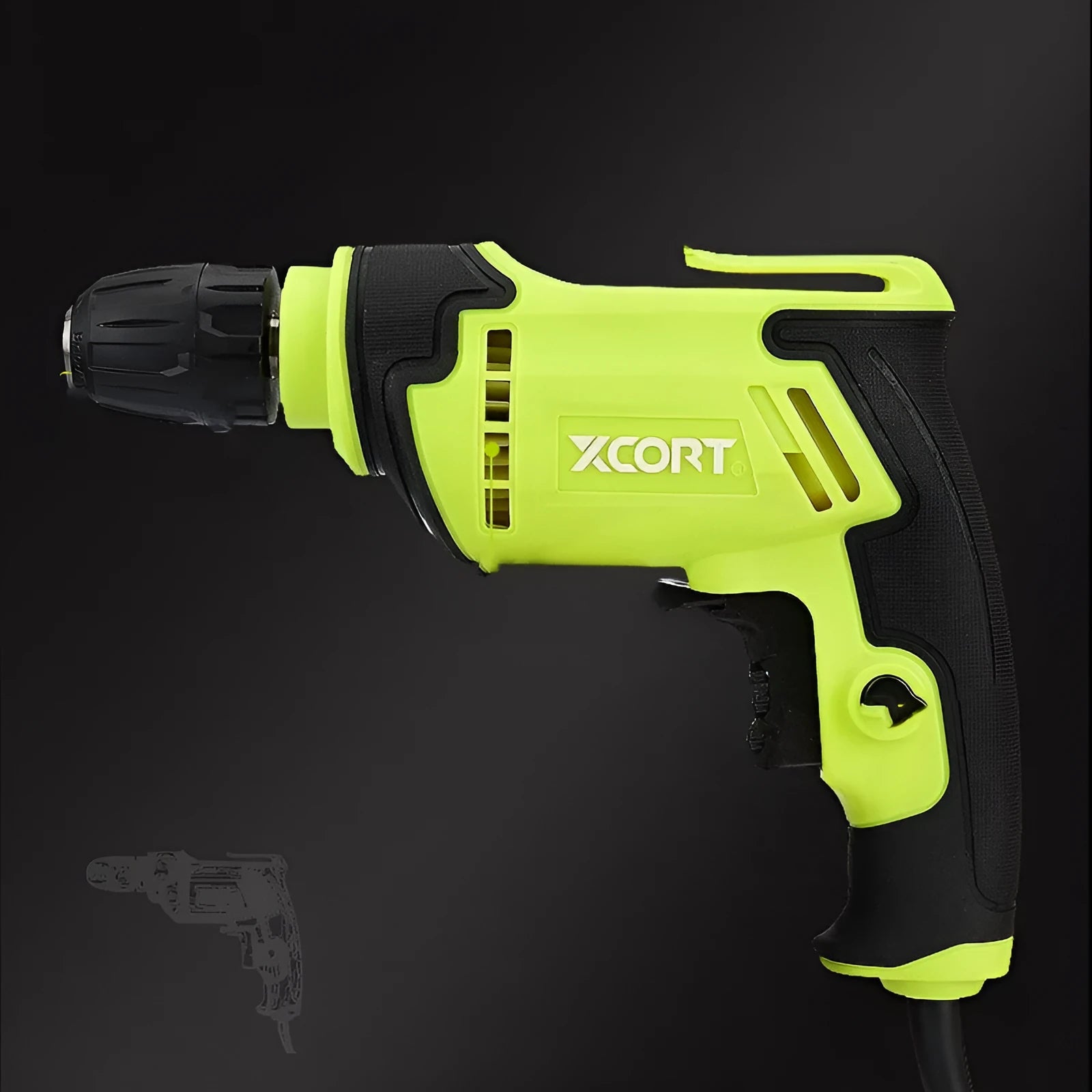 Black pistol-grip electric drill with a 10mm chuck on a workbench.