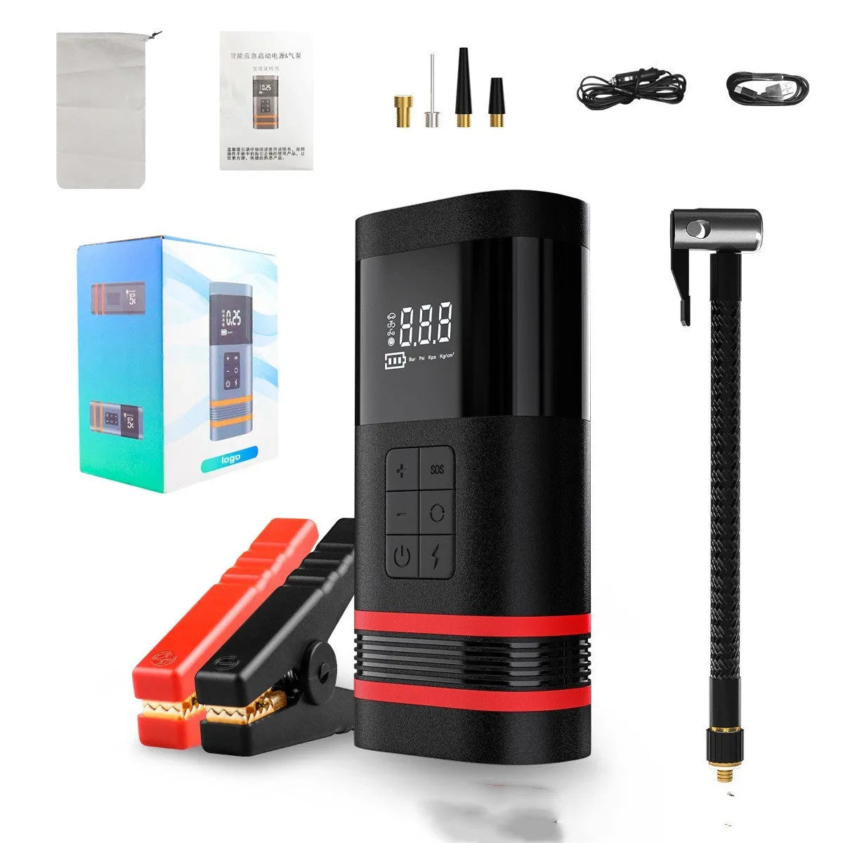 Black vehicle jump starter unit with cables showing 100W power output and USB charging capability