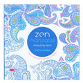 21 cm square mandala colouring book showing soft cover and open page with detailed pattern