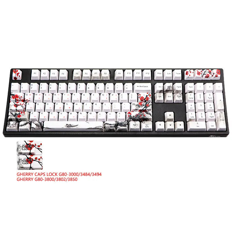 PBT keycap set with Wangjiang plum blossom design showing five-sided sublimation printing on OEM height keycaps