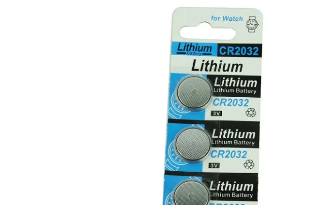 Pack of five CR2032 lithium button batteries on a blister card.