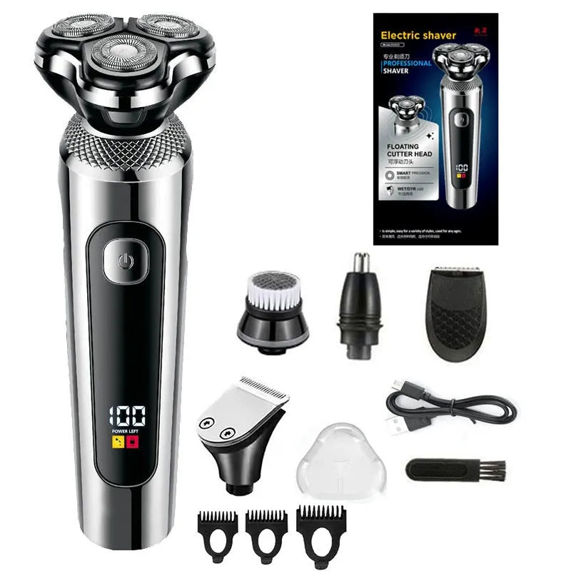 USB rechargeable beard trimmer with digital display on a five-in-one charging base bracket.