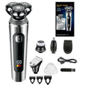 USB rechargeable beard trimmer with digital display on a five-in-one charging base bracket.