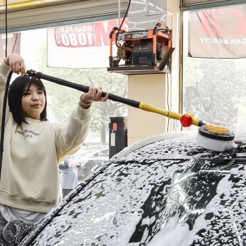 Yellow car wash mop cleaning tool with a chenille brush head and handle with three-gear hydraulic control
