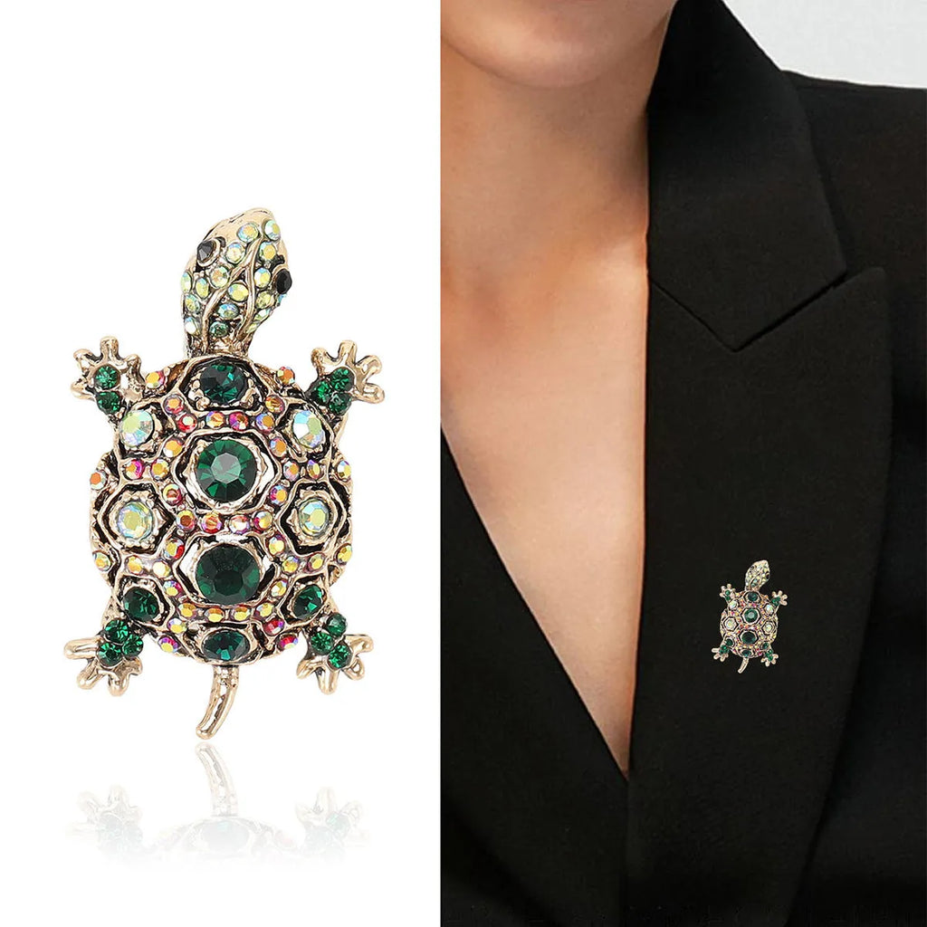 Retro turtle design fashion brooch with rhinestone decoration in blue, green or red colour options