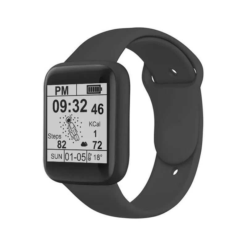 Smart bracelet with heart rate and blood pressure monitor on 1.44-inch touch screen, black silicone strap