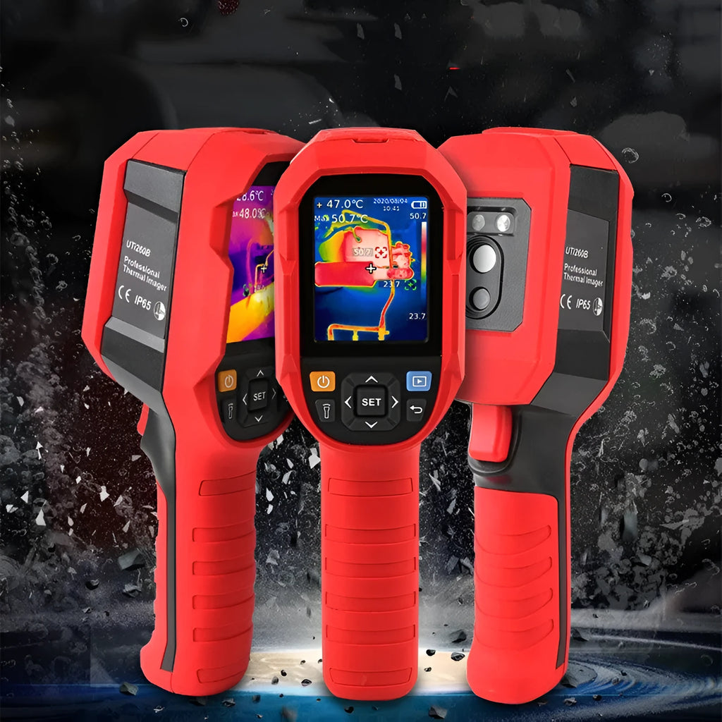 UTi series handheld infrared thermal imager on a table with USB cable and storage card.