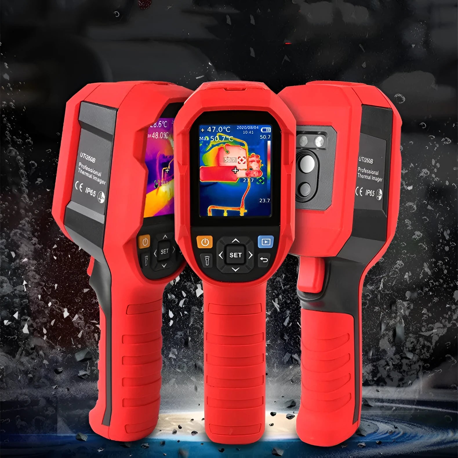 UTi series handheld infrared thermal imager on a table with USB cable and storage card.