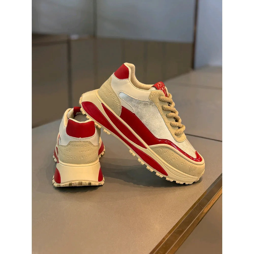 Retro style men's lace-up shoes with thick sole in beige red colour on a white background.