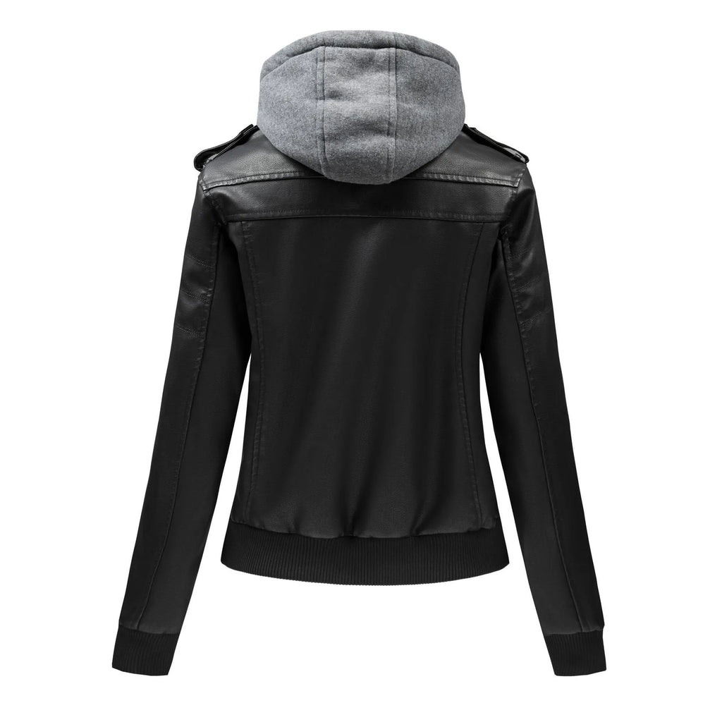 Women's black faux leather loose fit motorcycle jacket with pockets, street hipster style