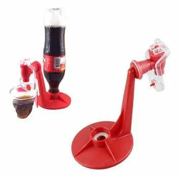 Red plastic Magic Tap soda drink dispenser attached to an inverted 2-litre bottle