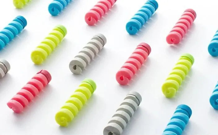 Plastic charging cable protector, 3.5cm long, shown in multiple colour options.