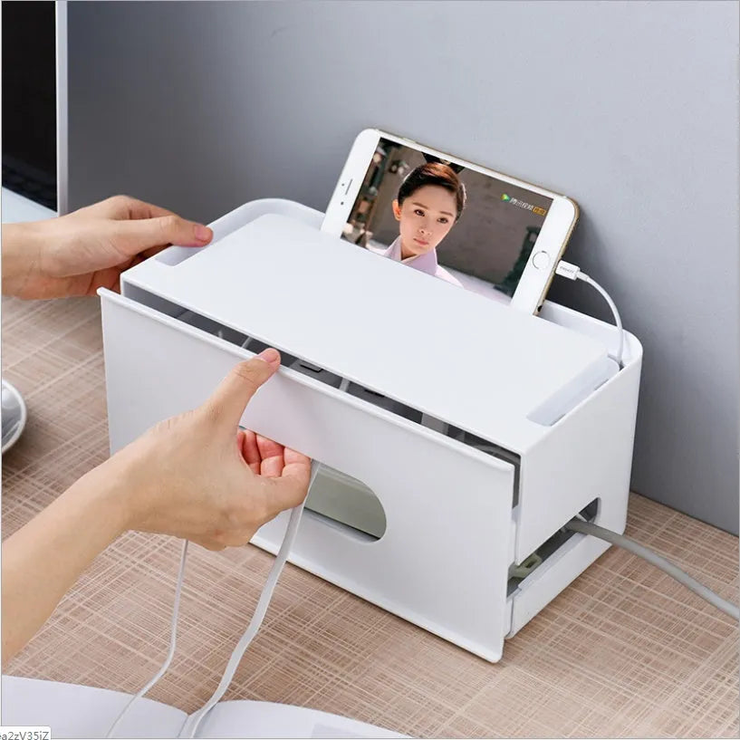 Gray and white plastic wireless router storage box for concealing network equipment and cables