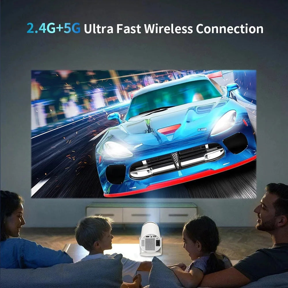 Barrel X10 PLUS white portable smart projector with gamepad and remote control on table