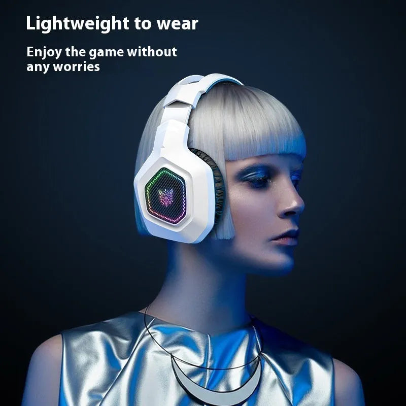 Black and white wireless gaming headset with RGB lights showing ultra-lightweight 24g design