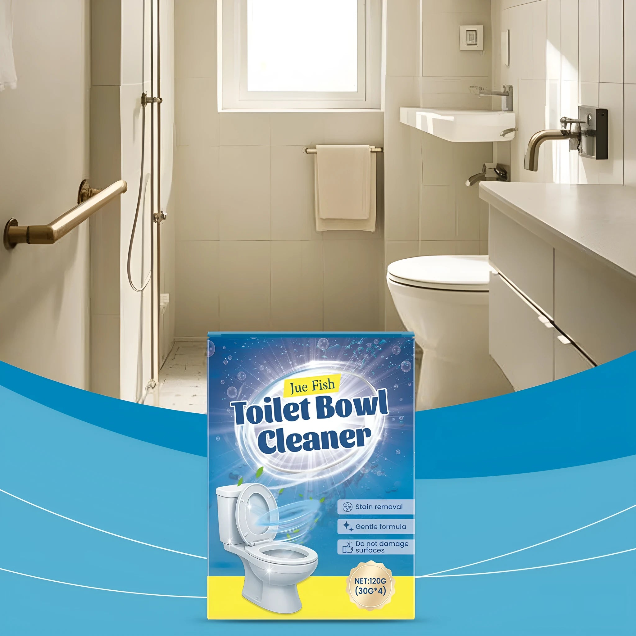 Four sachets of toilet cleaning powder showing 30g portions with sodium bicarbonate and citric acid ingredients