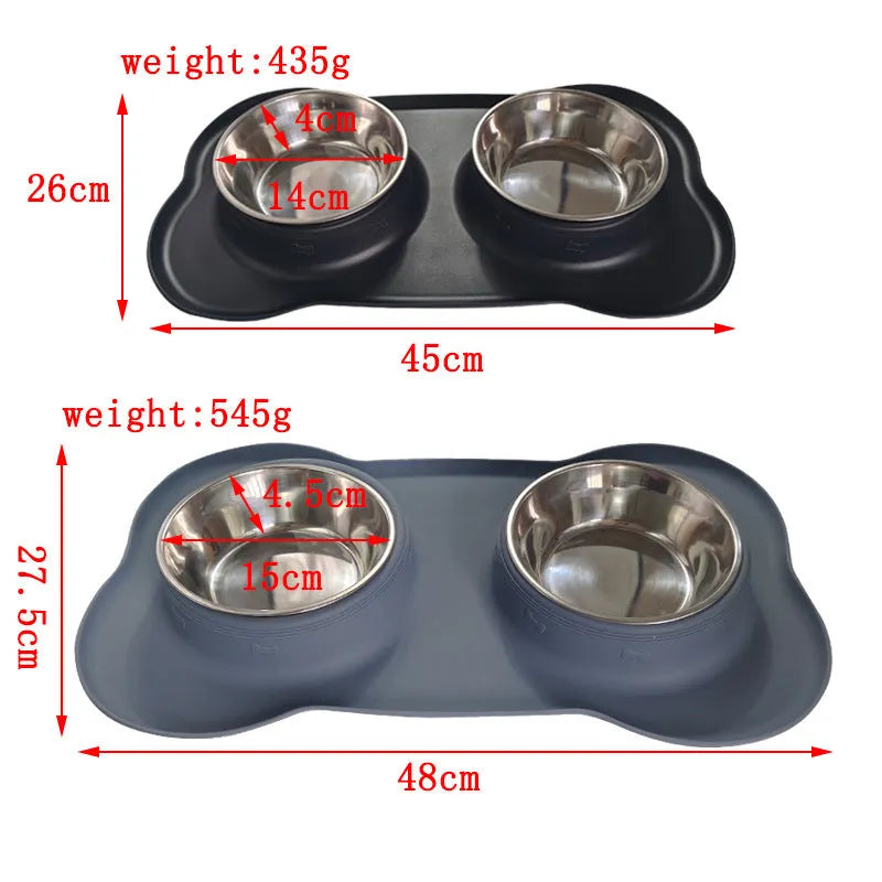 Large silicone double dog bowl with stainless steel inserts in blue colour showing two separate feeding compartments
