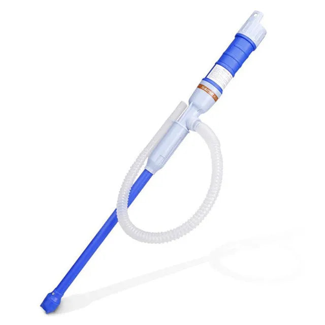 Blue and red manual hand siphon pump for fuel and liquid transfer.