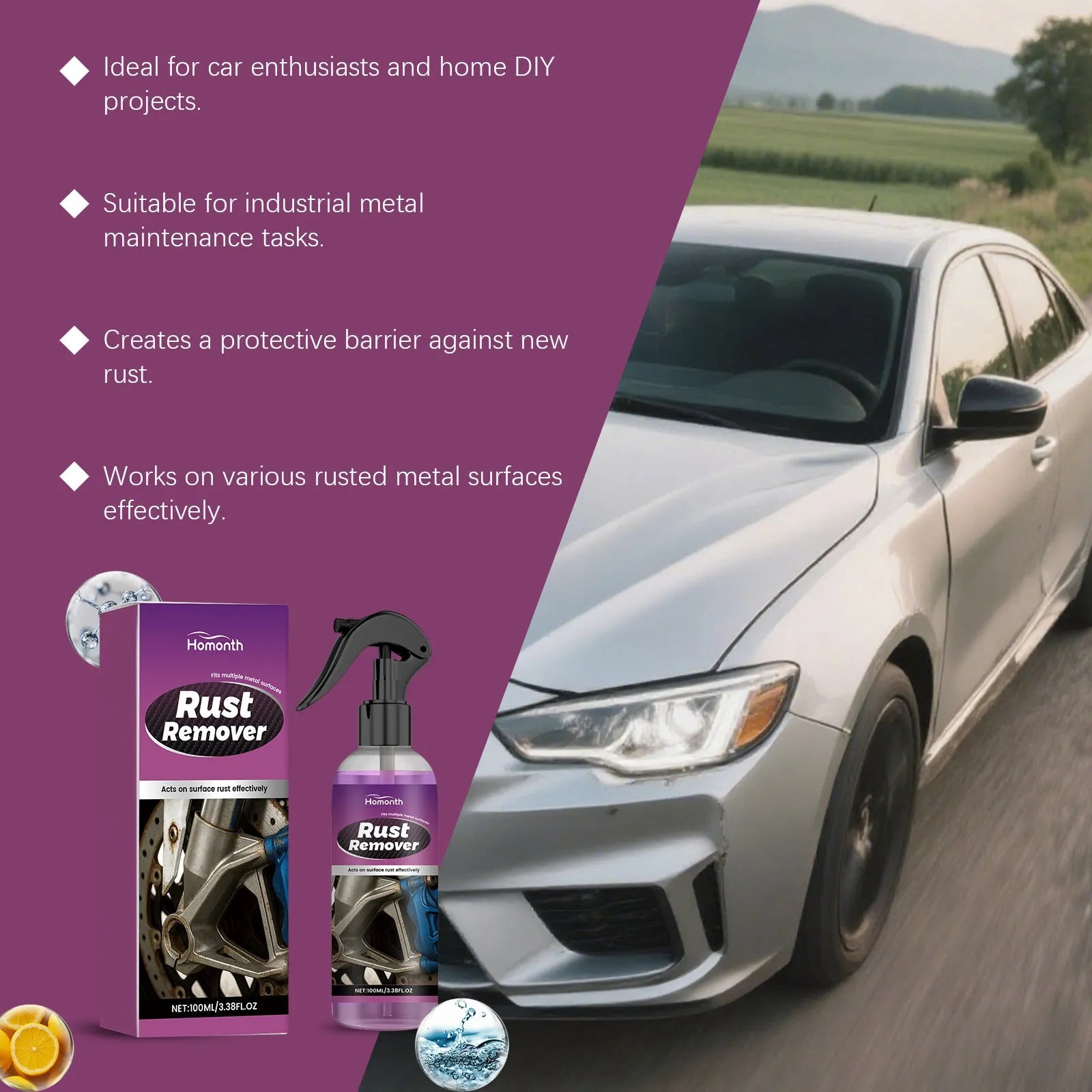 100ml rust remover bottle with citric acid and glycolic acid formulation for cleaning metal surfaces