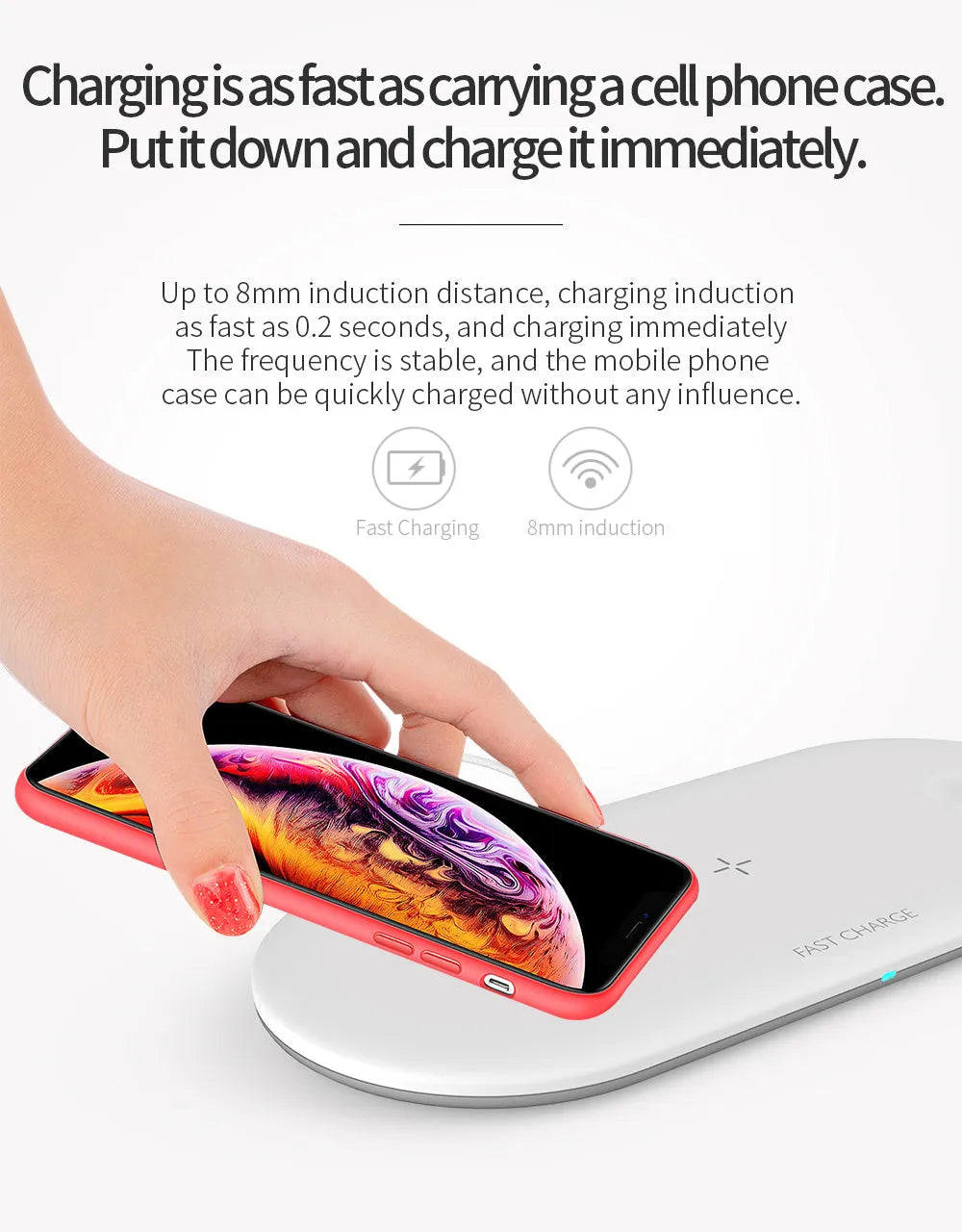 Black and white three-in-one wireless charging station for Apple iPhone, iWatch and headphones on a desk.