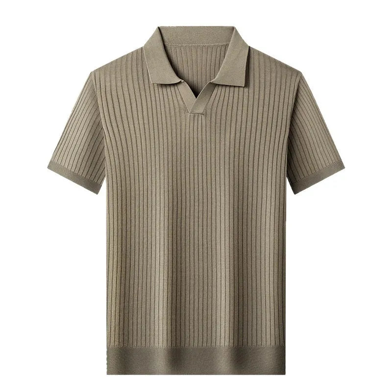 Men's striped Mulberry Silk T-shirt with a lapel collar in a selection of colours.