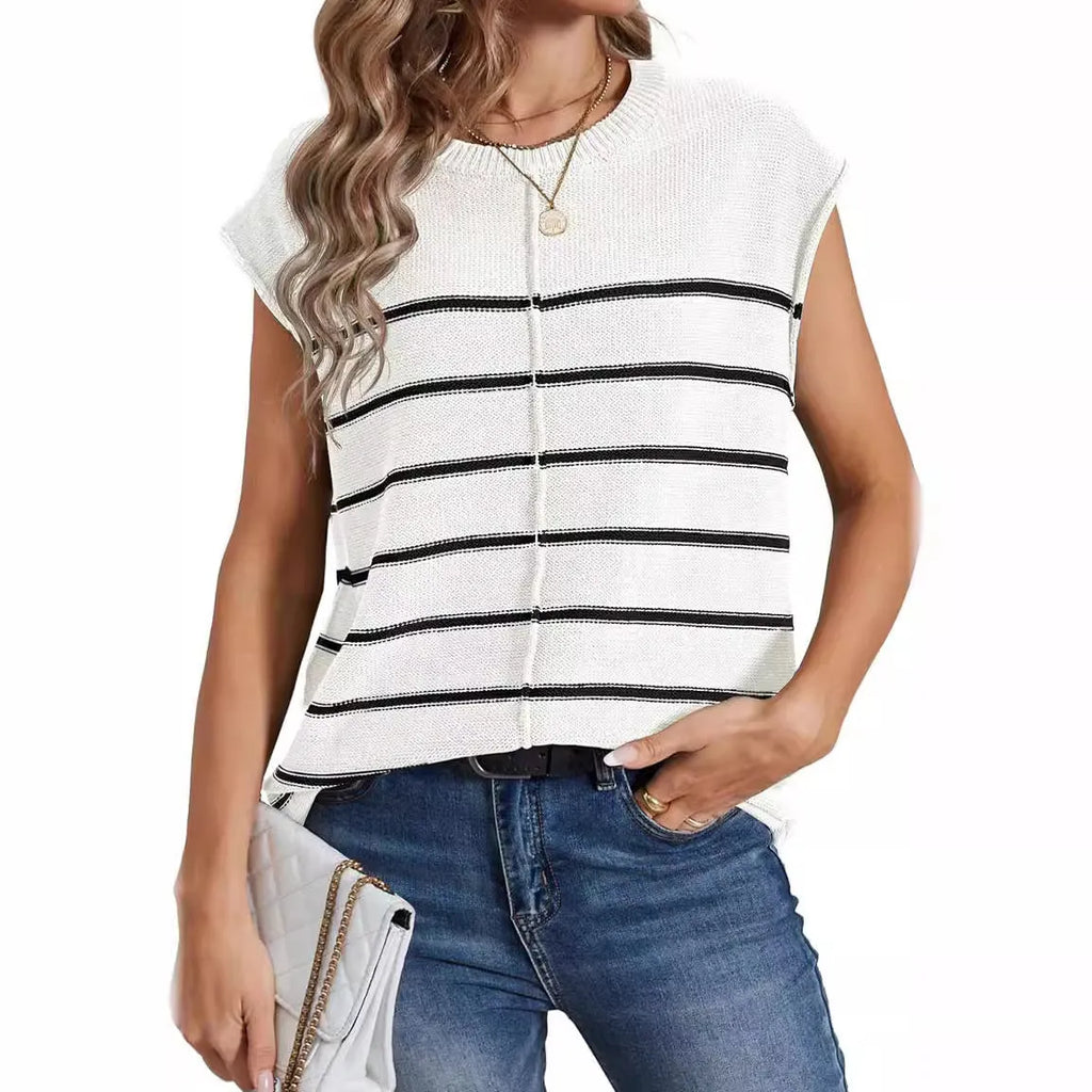Women's striped sleeveless V-neck pullover top in apricot colour