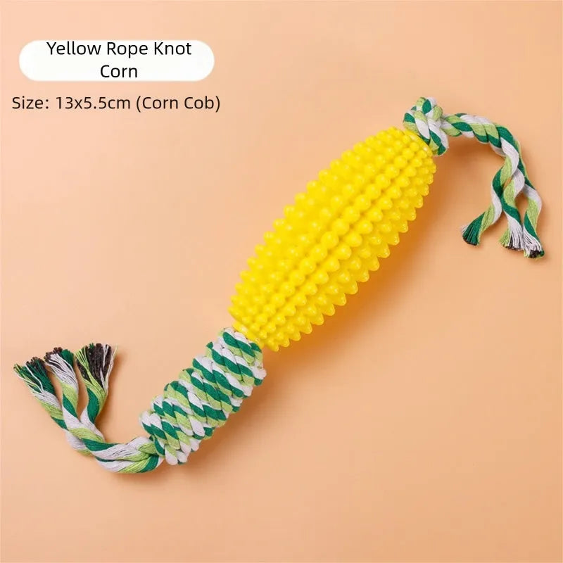 Pet Toy Corn Ball Knot Teething Toys set with two corn-shaped toys in yellow and green and one yellow ball on a white background