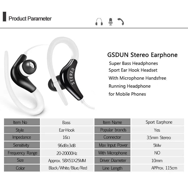 Wired earhook sport headphones with inline microphone and control button on a 1.2m cable.