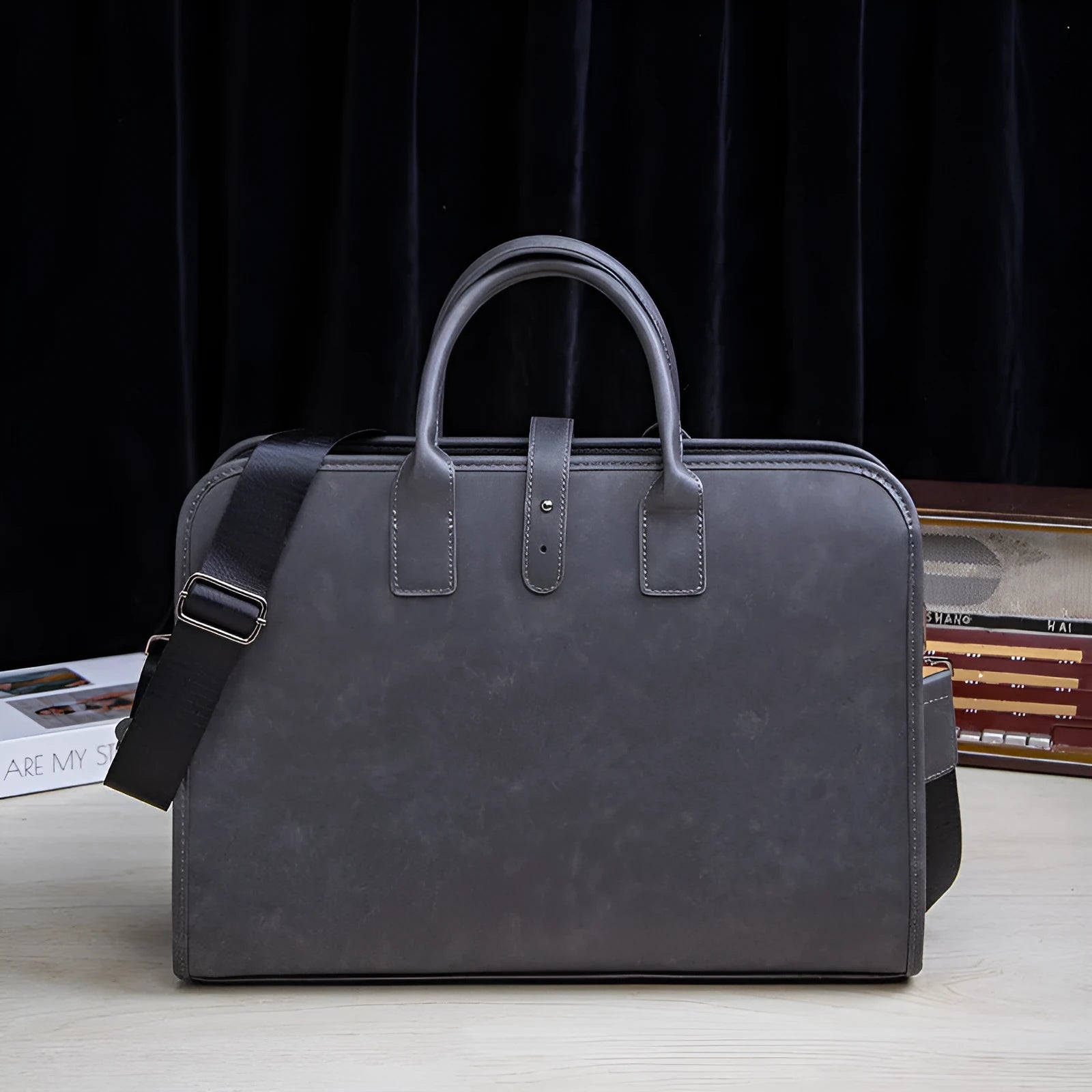 Men's dark gray waterproof PU business briefcase with rivet details, 41 cm wide, 30 cm high, 9 cm thick
