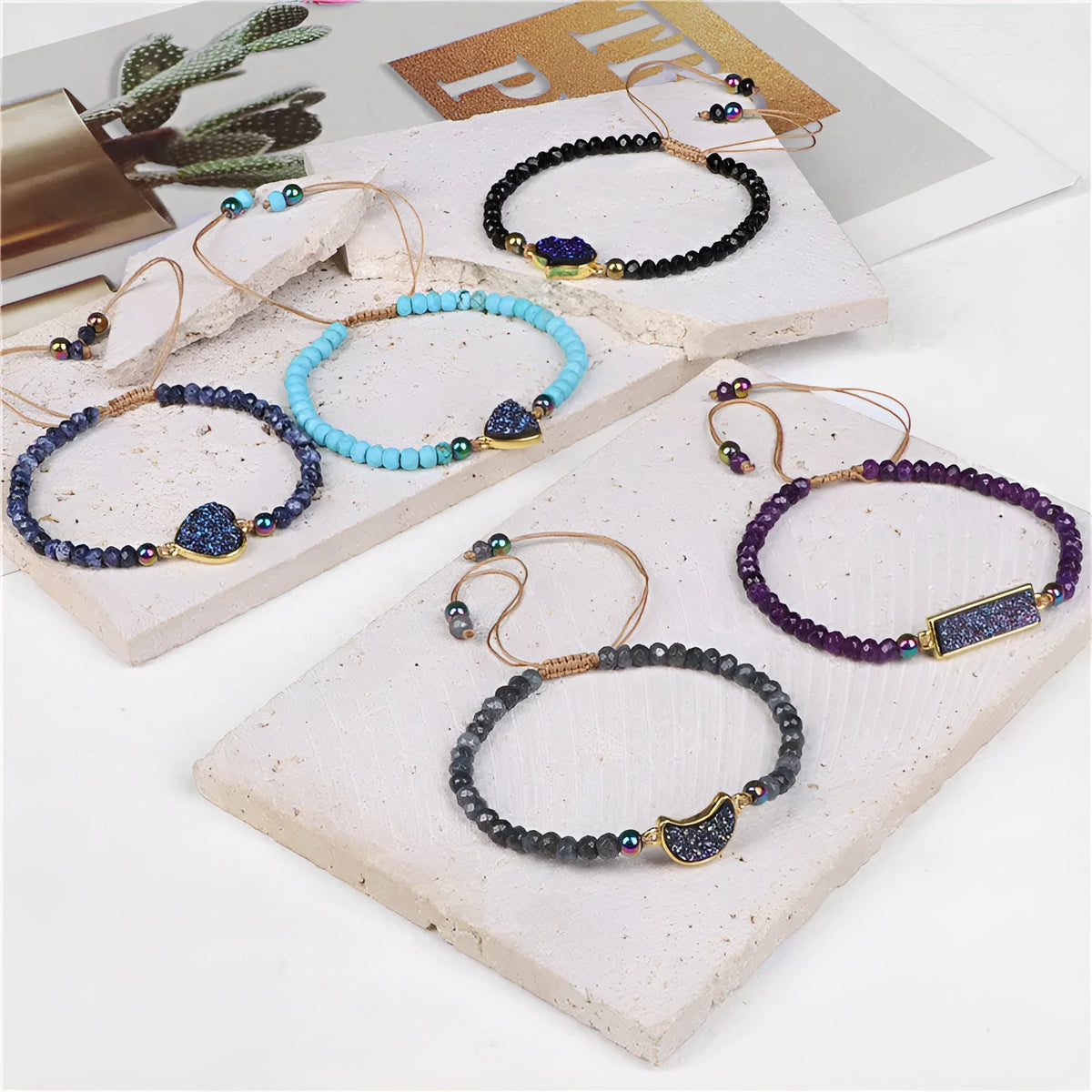 Natural stone woven bracelet with mixed shape agate beads and adjustable rope in dark grey, blue, amethyst, and white options