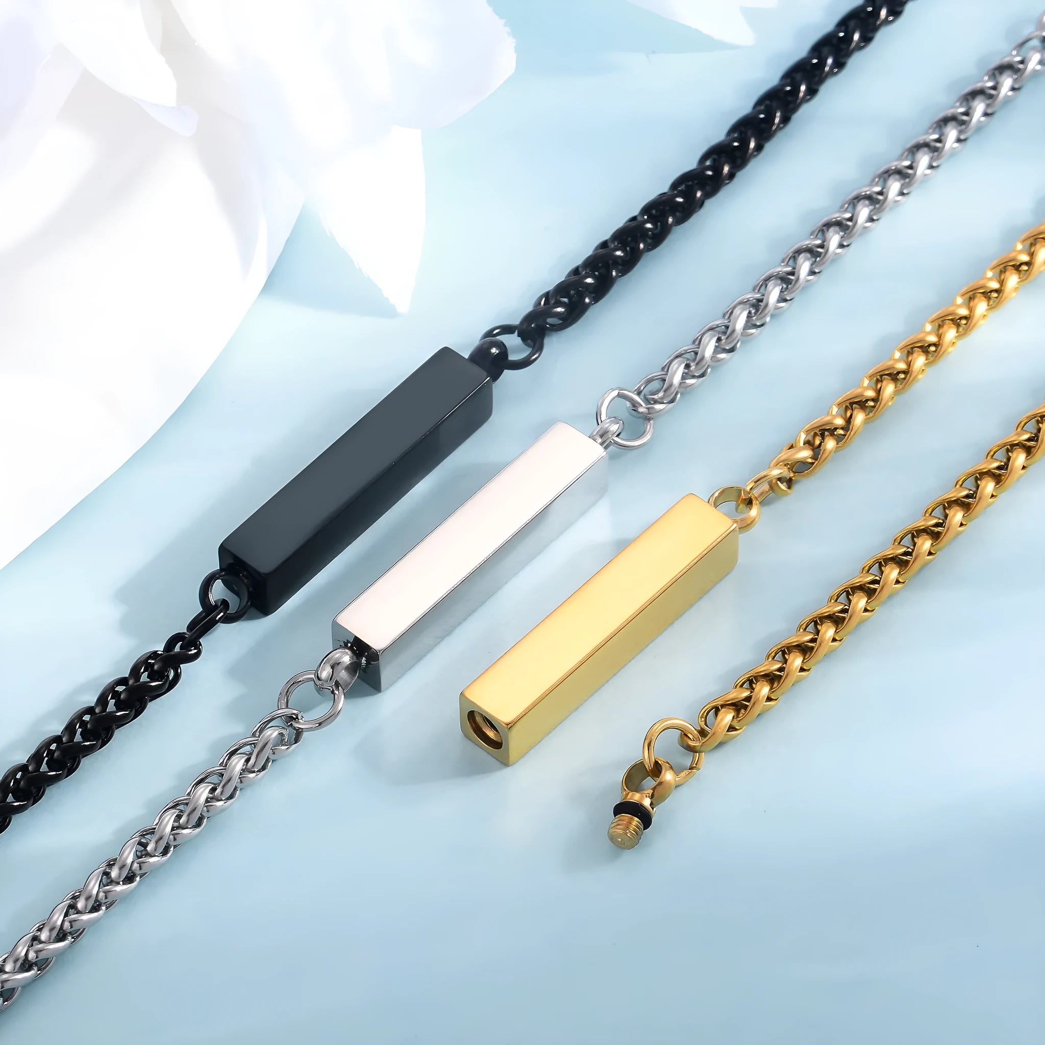 Unisex titanium steel rectangular column bracelet 6mm by 30mm on wrist, silver finish with extension chain