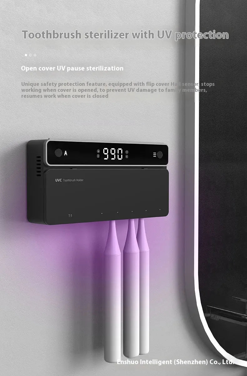 Wall-mounted UV toothbrush sterilizer with automatic drying function and black enclosure