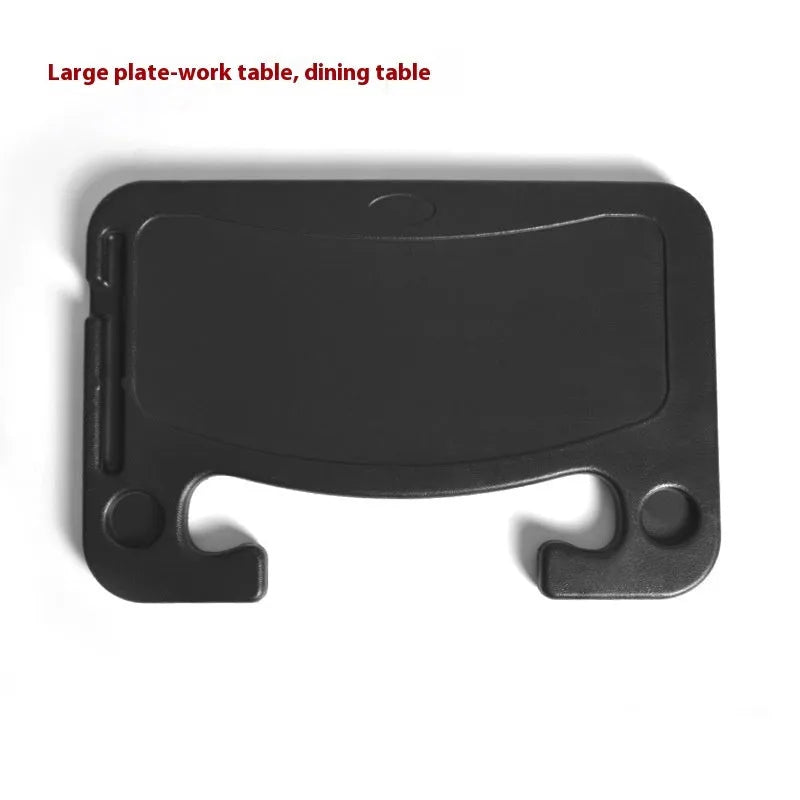 Black ABS car tray with foldable drink cup holder on a car passenger seat