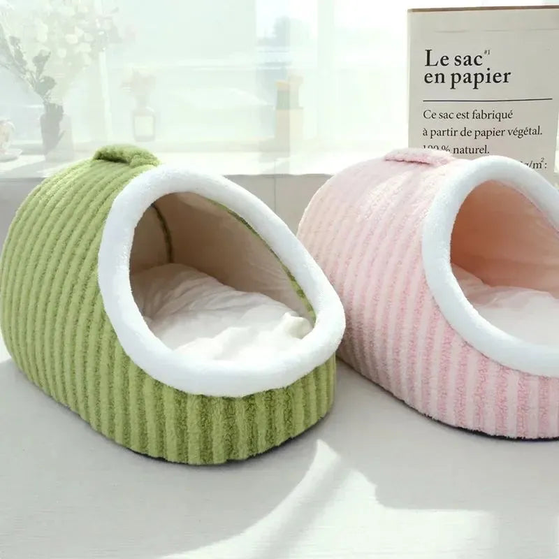 Thickened 3D striped pet bed with removable sponge padding in blue, green, pink or yellow