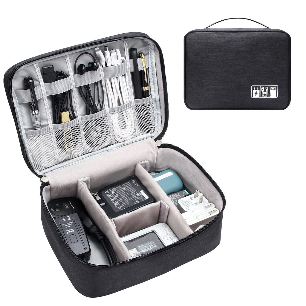 Black electronics organizer travel cable bag with removable dividers, mesh pockets, and a top handle