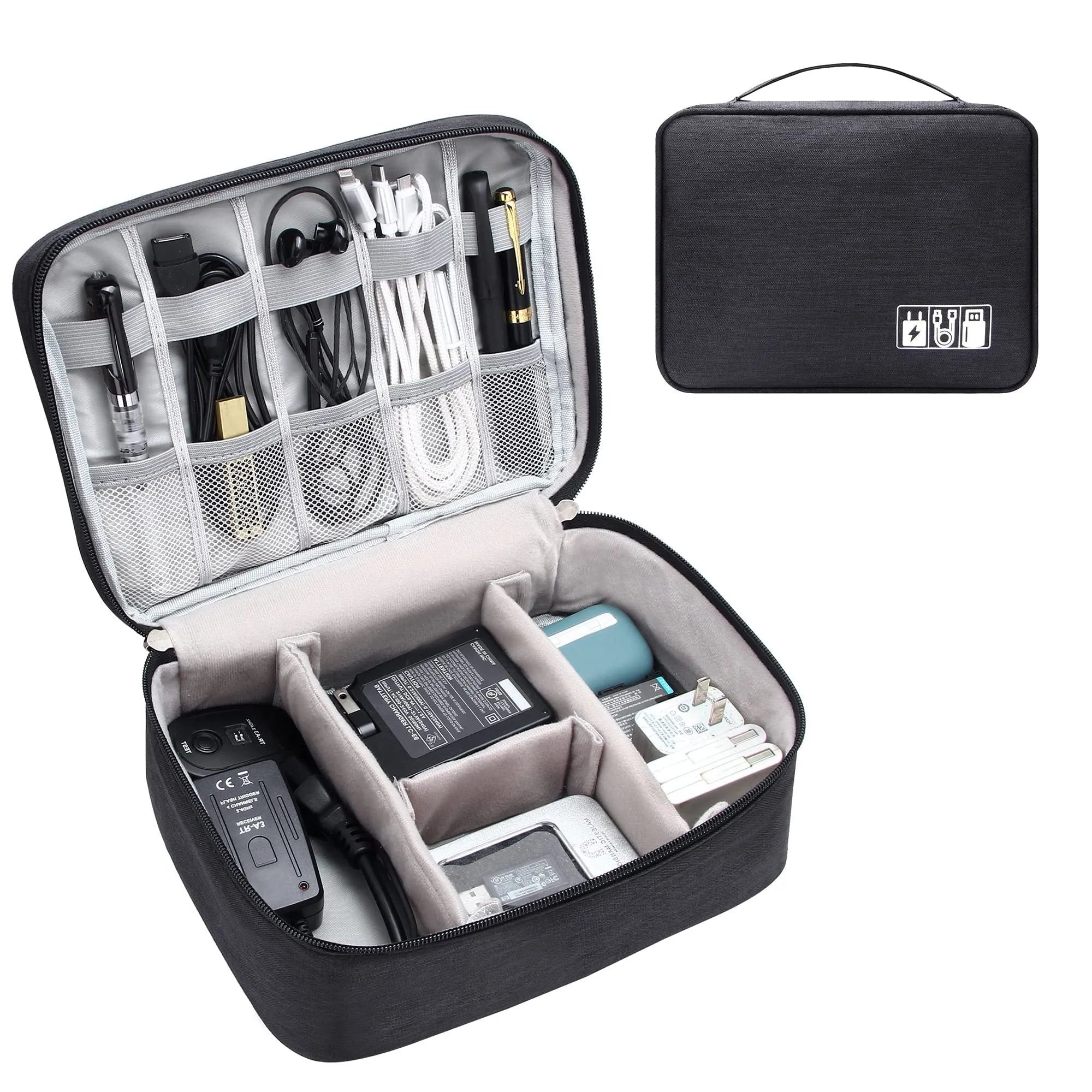 Black electronics organizer travel cable bag with removable dividers, mesh pockets, and a top handle