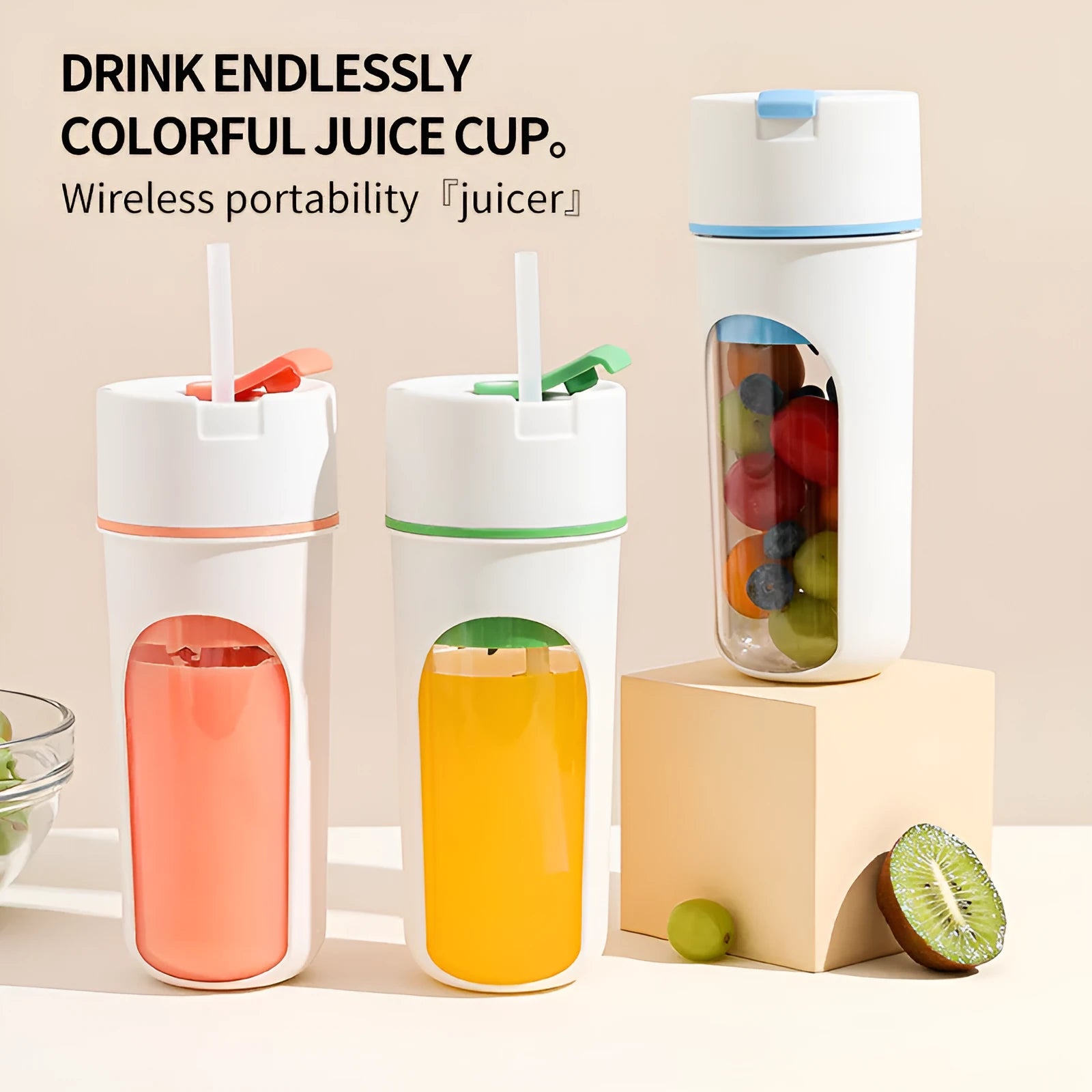 Portable electric juicer with USB charging cable next to 400ml plastic blending cup
