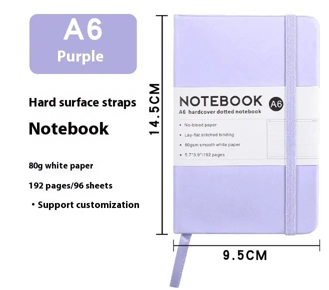 A5 soft touch PU leather strap diary open showing lined pages, closed with elastic band, in a choice of colours.