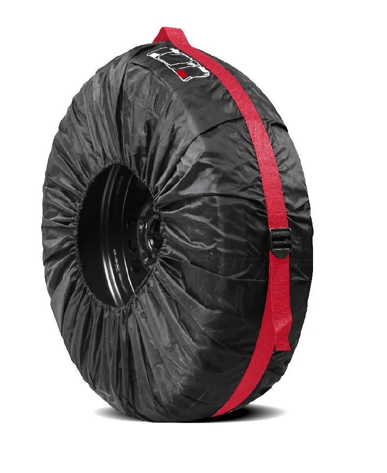 Set of four black polyester car tyre protective covers with a red belt style detail.