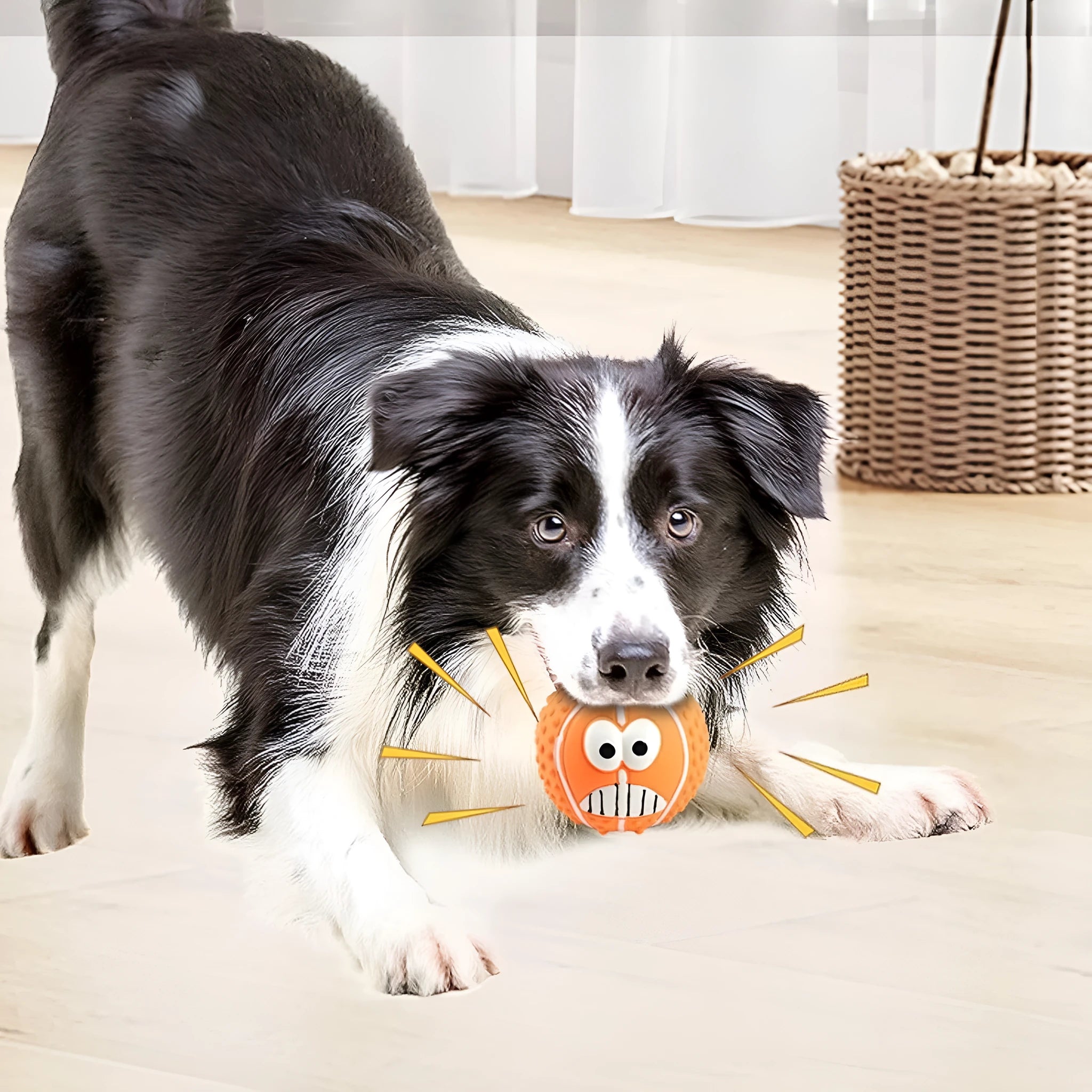 Green, orange, and yellow smile face latex squeaky dog ball toy.