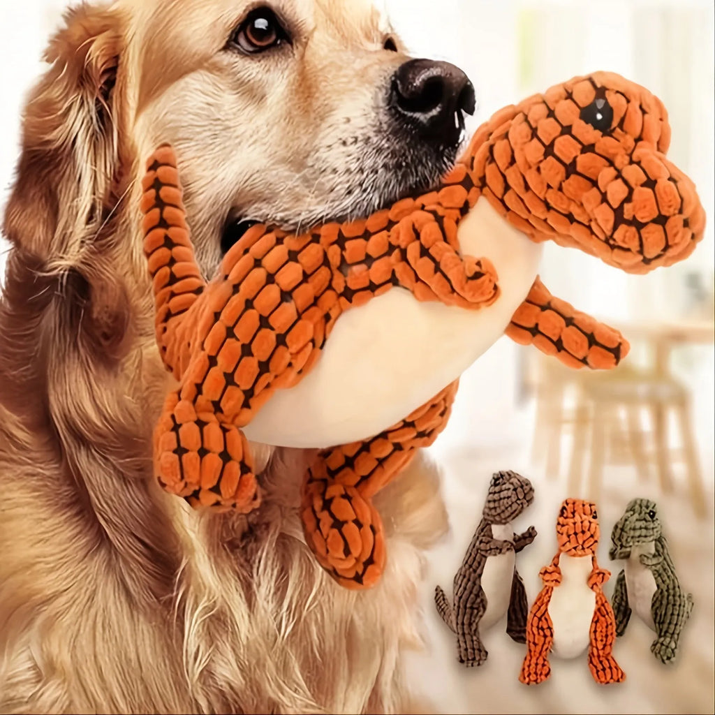 Grey, green, and orange dog chew toy with sound, measuring 35 cm long, for bite-resistant chewing.